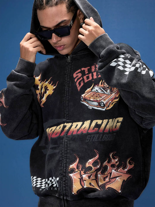 1807 Racing Graffiti Printed Washed Zip Up Hoodie | Face 3 Face