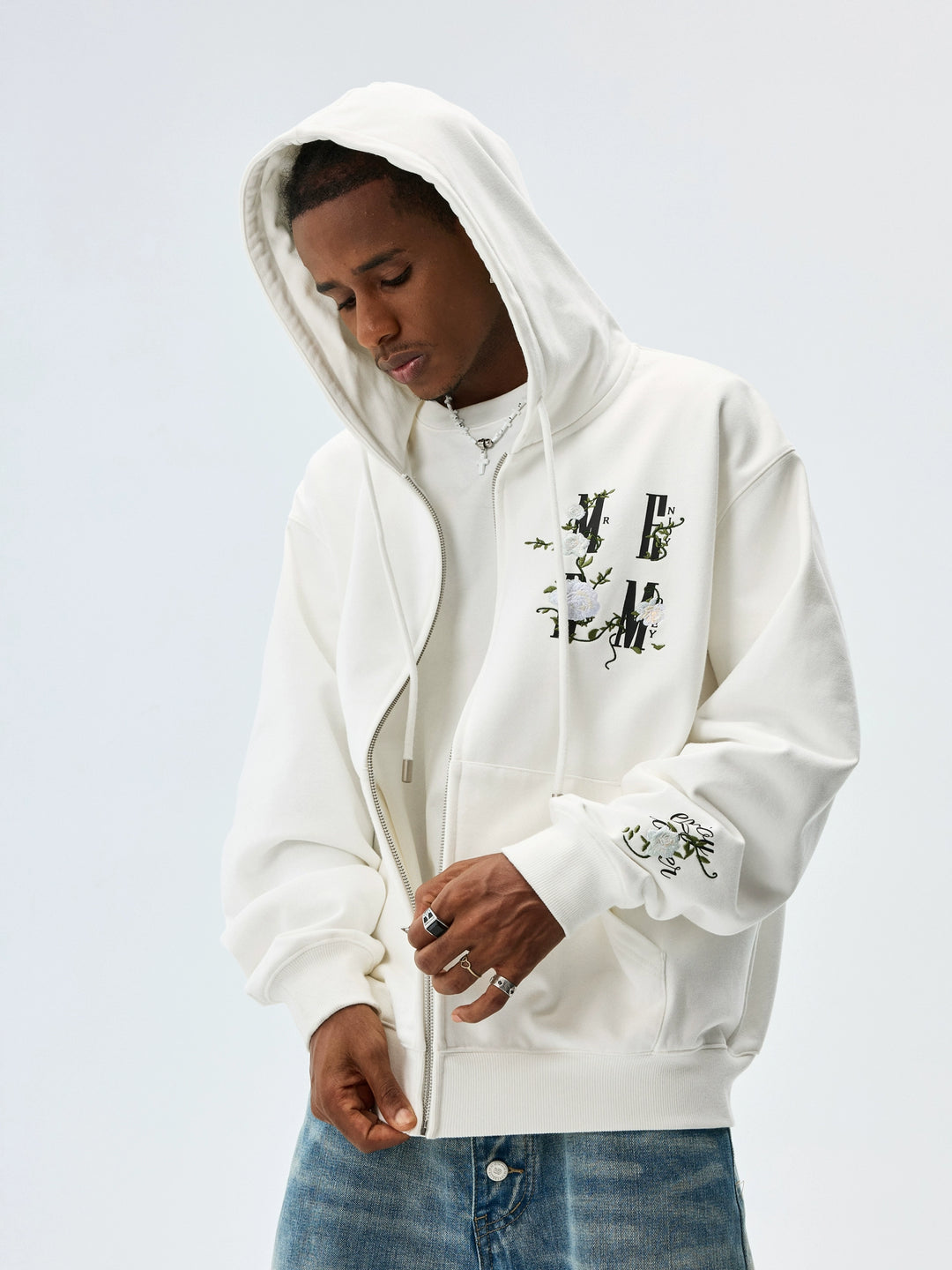 MEDM Flower Logo Embroidered Zip-Up Hoodie | Face 3 Face