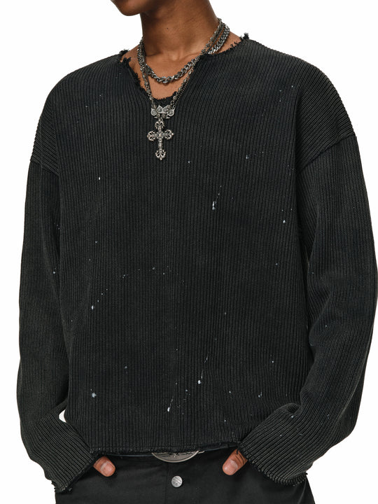 ANTIDOTE Striped Texture Washed Ink Splash Knit Sweater | Face 3 Face