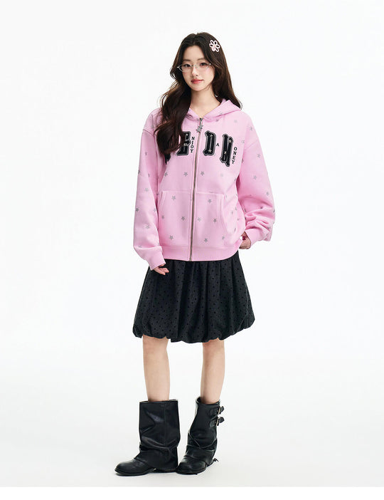 MEDM All Over Glitter Star Print Logo Patch Zip Up Hoodie | Face 3 Face