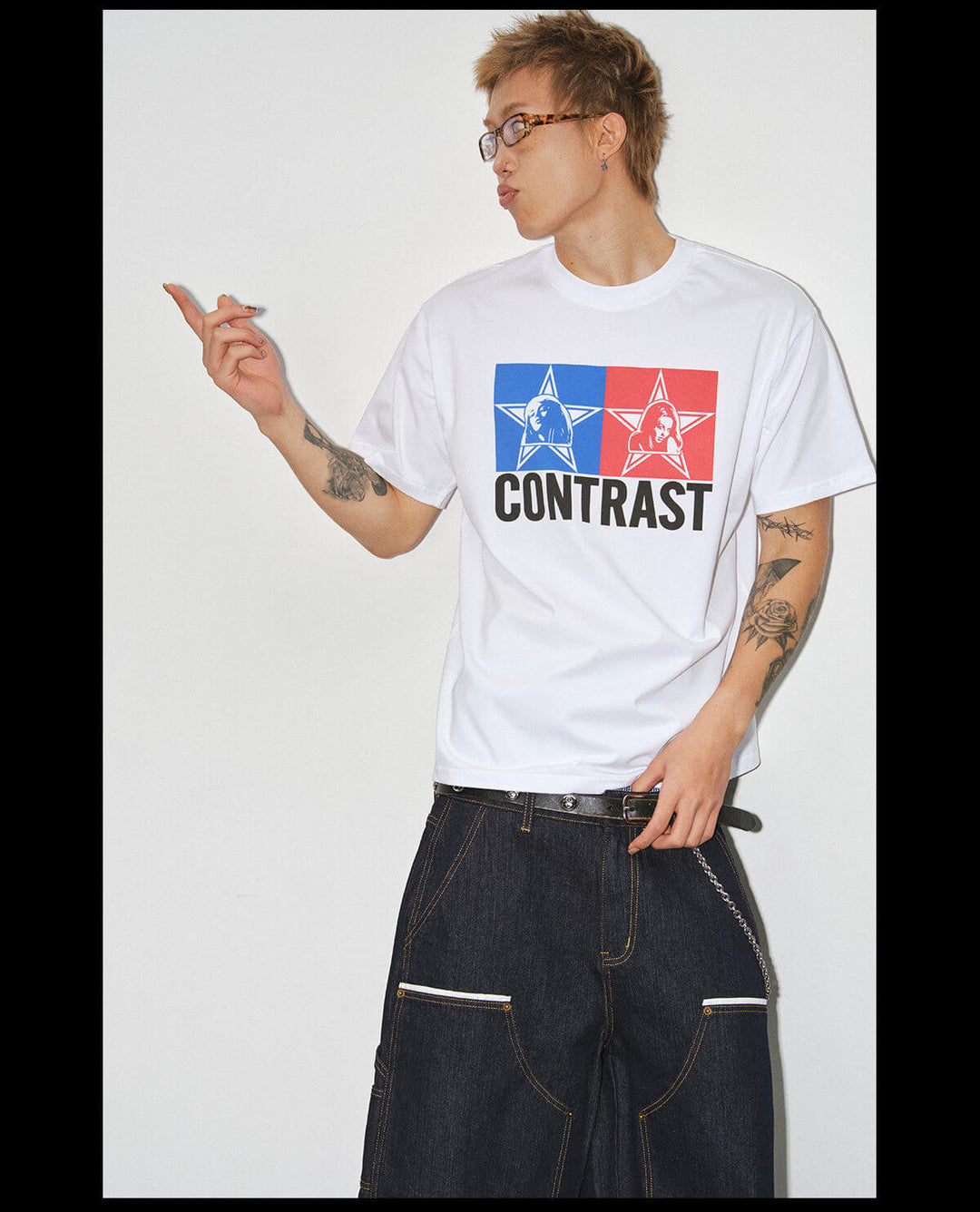 NOVACAM Double Star Girl Graphic Print Short Sleeve Tee | Face 3 Face