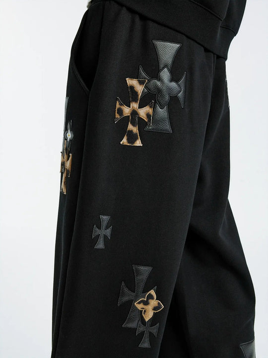 MEDM Leather Cross Star Patchwork Sweatpants | Face 3 Face