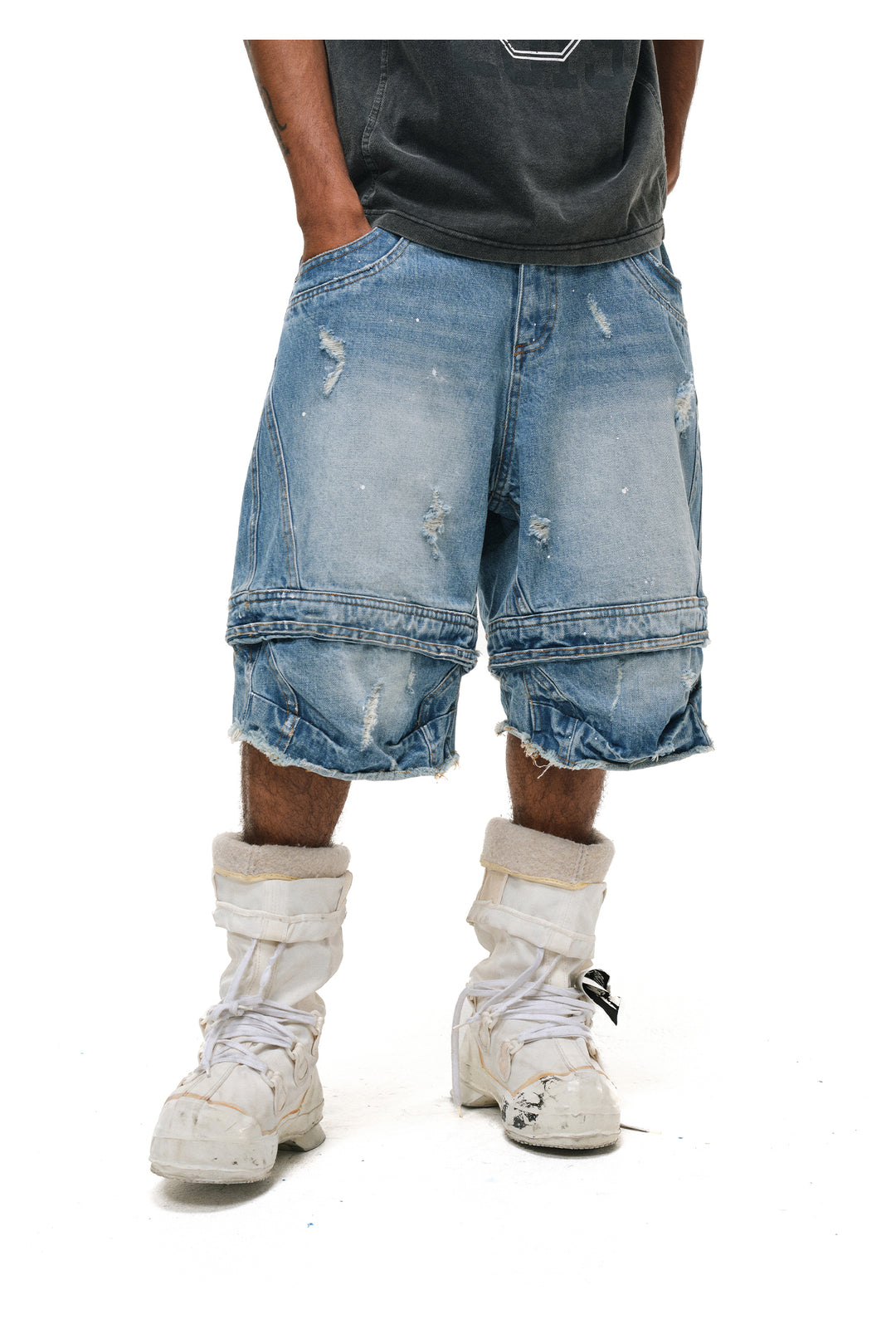 ANTIDOTE Destroyed Double-Layer Washed Denim Shorts | Face 3 Face