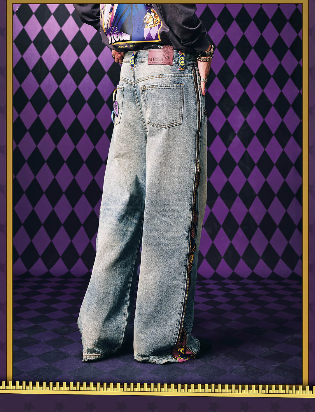 MEDM × JOJO Side Zipper Contrast Checkered Washed Jeans | Face 3 Face