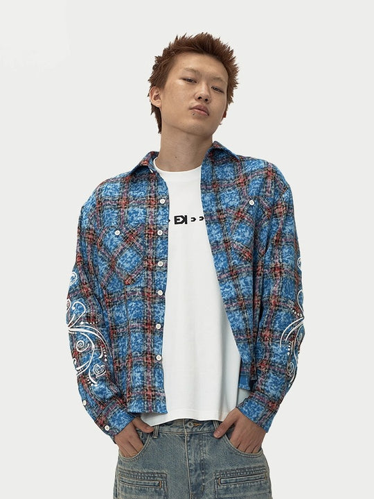 EVILKNIGHT(EK) Floral Embroidered Plaid Long Sleeve Shirt | Face 3 Face
