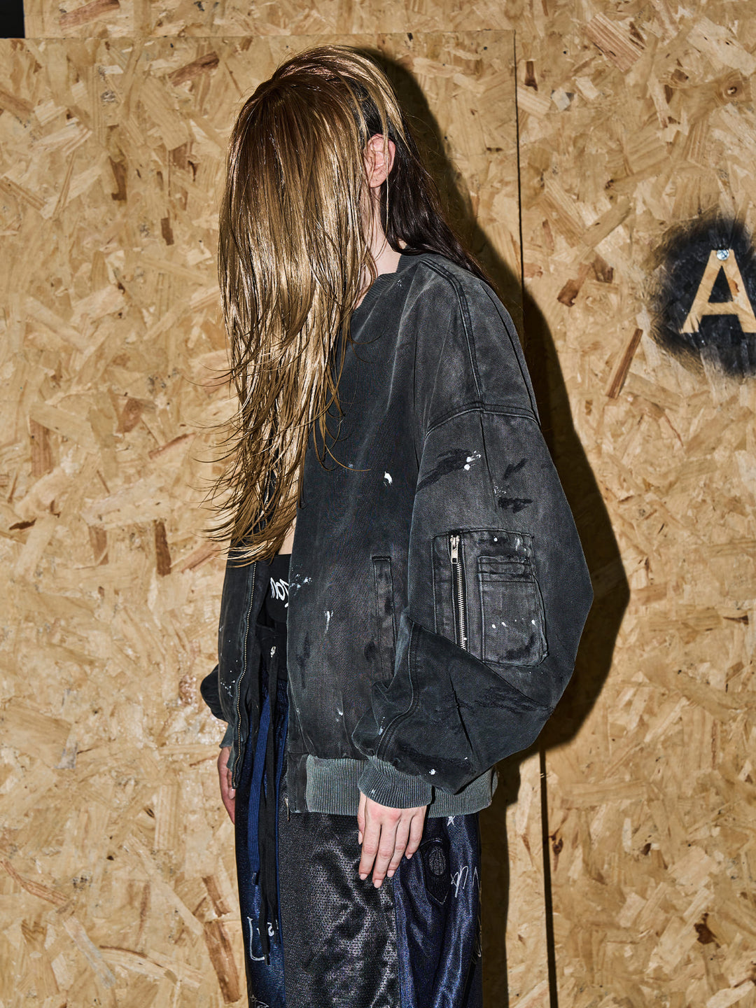 BLIND NO PLAN Washed and Distressed Ink Splattered MA-1 Bomber Jacket | Face 3 Face