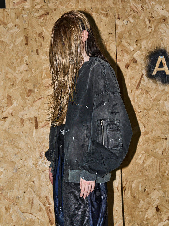 BLIND NO PLAN Washed and Distressed Ink Splattered MA-1 Bomber Jacket | Face 3 Face