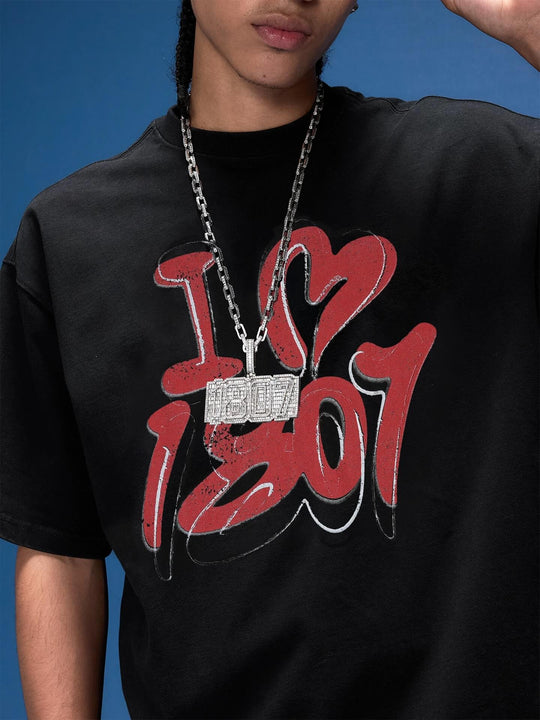 1807 I Love Graffiti Print Distressed Short Sleeve Tee | Face 3 Face