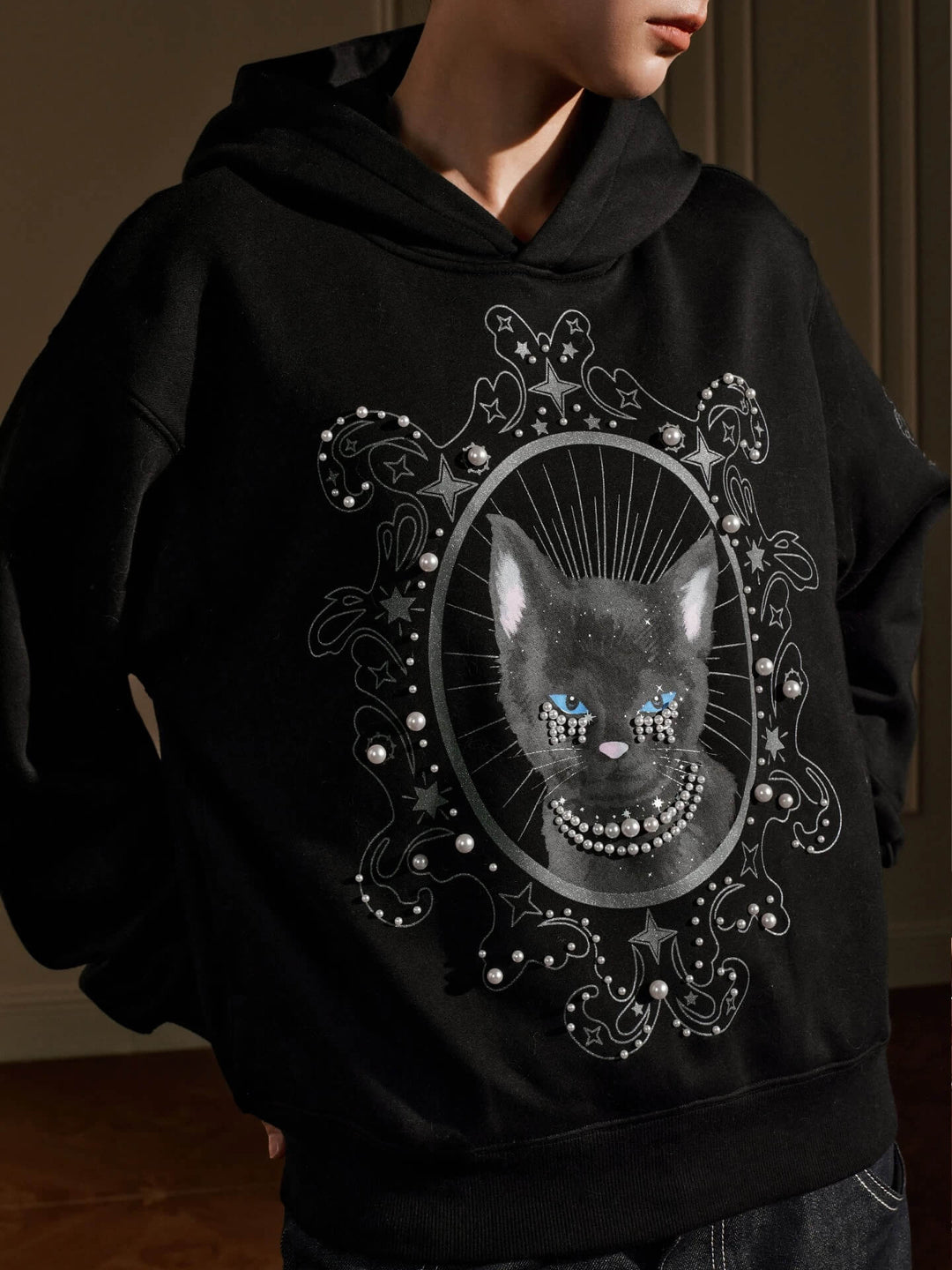 YADcrew Black Cat Print Pearl Hoodie | Face 3 Face