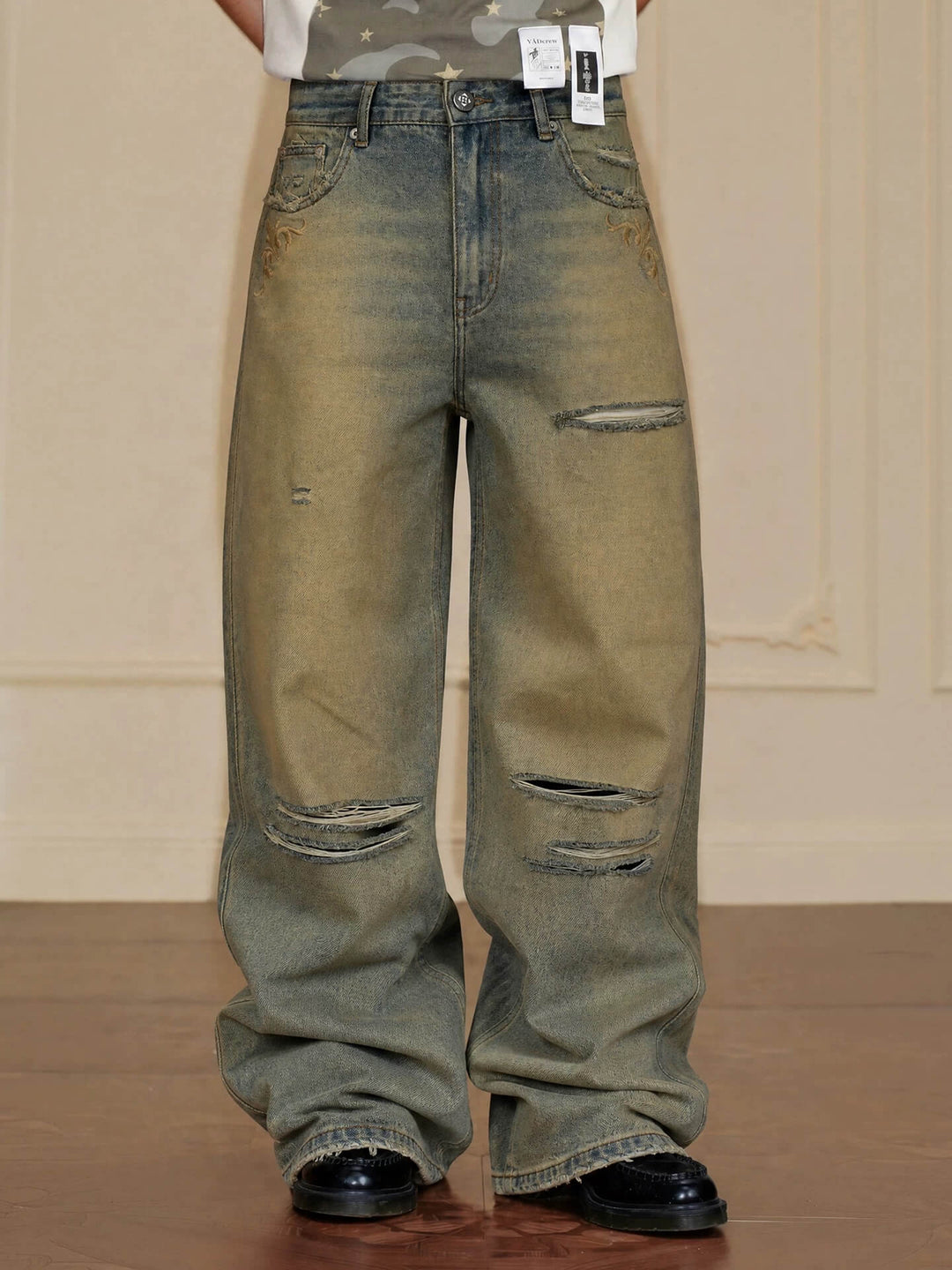 YADcrew Baroque Embroidered Distressed Wash Slight Flare Jeans | Face 3 Face