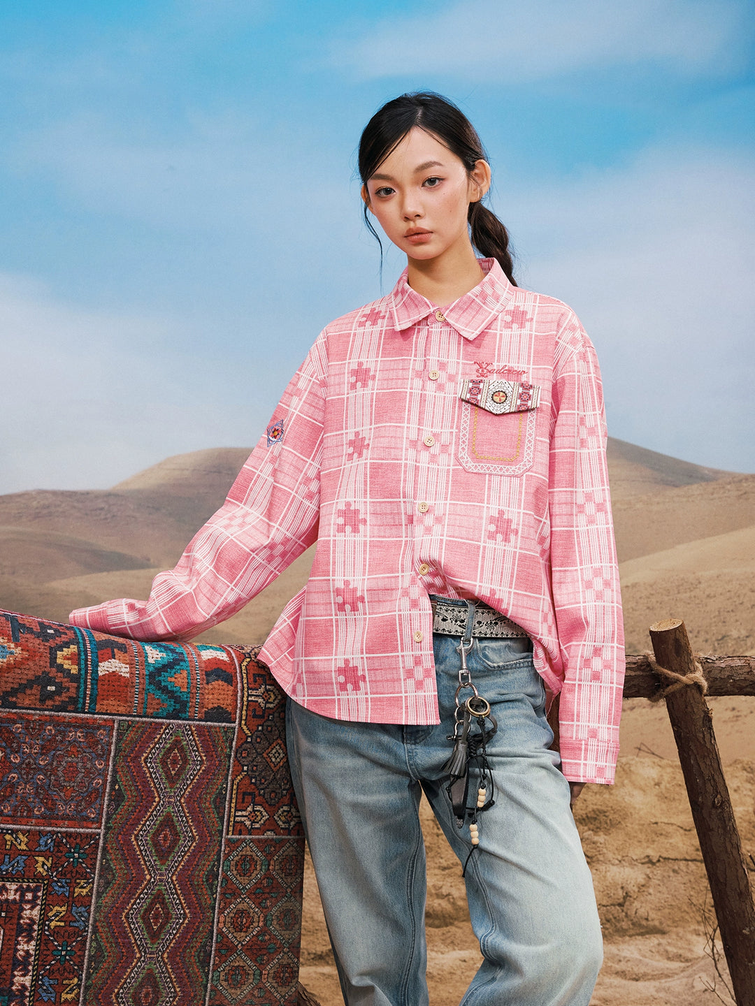 YADcrew Ethnic Pattern Plaid Long Sleeve Shirt | Face 3 Face