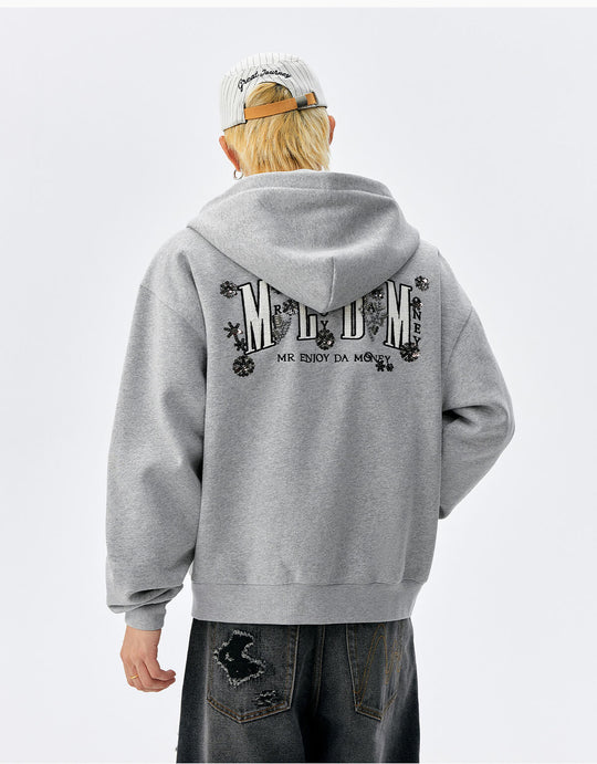 MEDM Beaded Flower Embellished Zip Up Hoodie | Face 3 Face