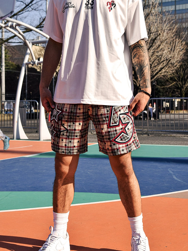 JUST VIBE Plaid Star Print Mesh Basketball Shorts | Face 3 Face