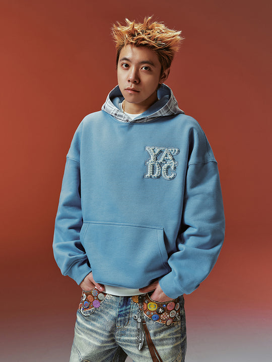 YADcrew Twisted Plaid Hood Pearl Leather Logo Hoodie | Face 3 Face