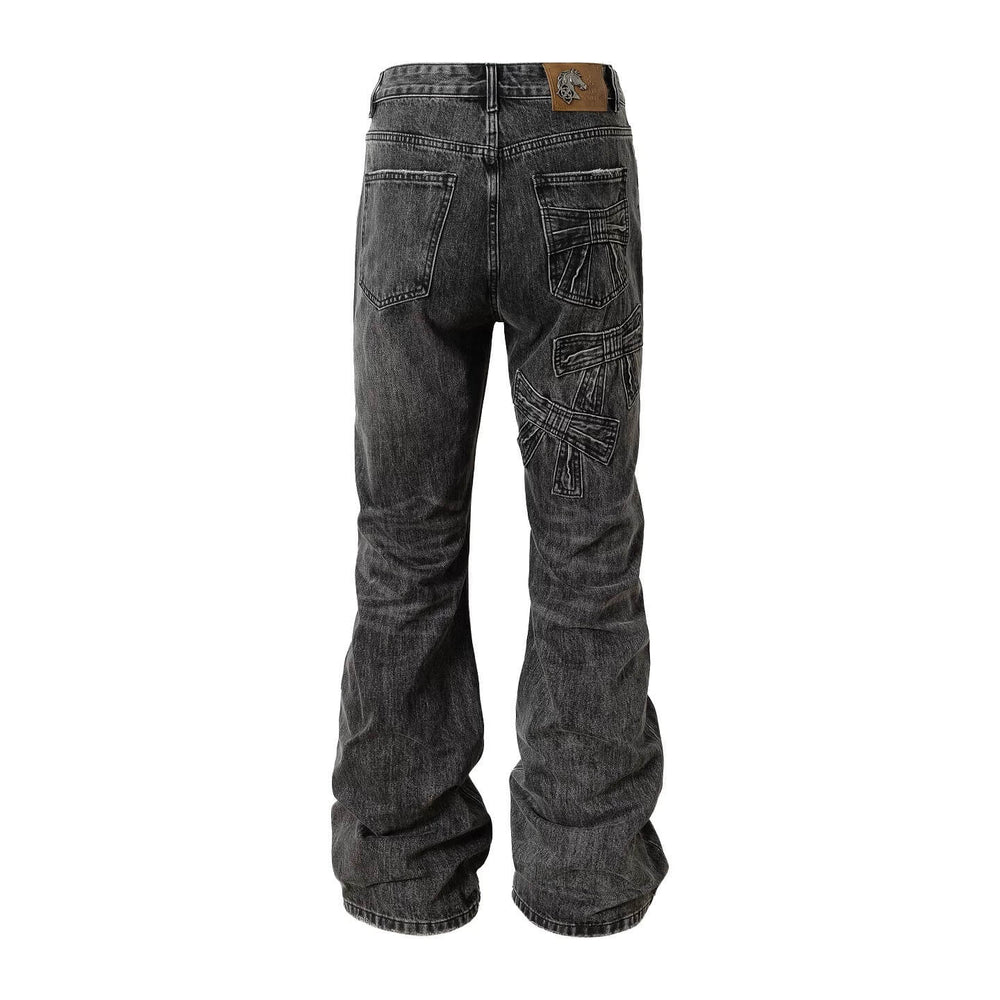 YADcrew Ribbon Patch Distressed Vintage Flared Jeans | Face 3 Face