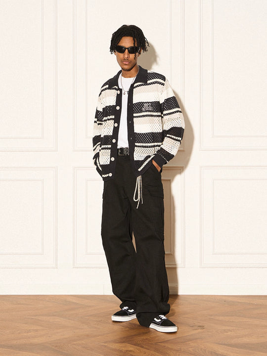 EMPTY REFERENCE Woven Striped Knit Cardigan