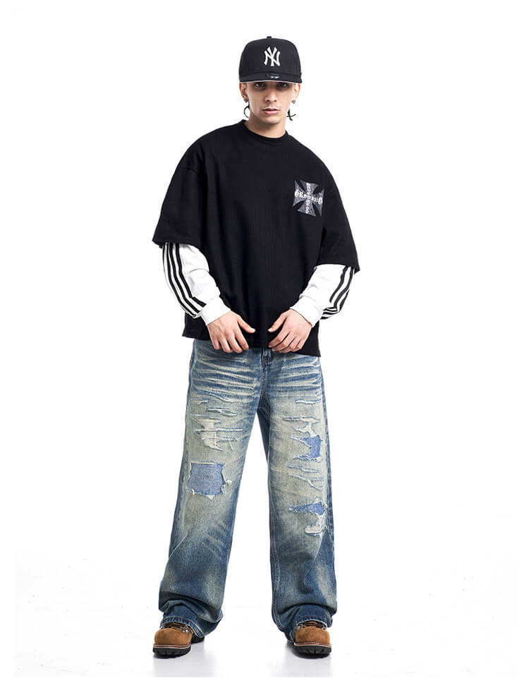 F3F Select Heavy Distressed Washed Patchwork Baggy Jeans | Face 3 Face