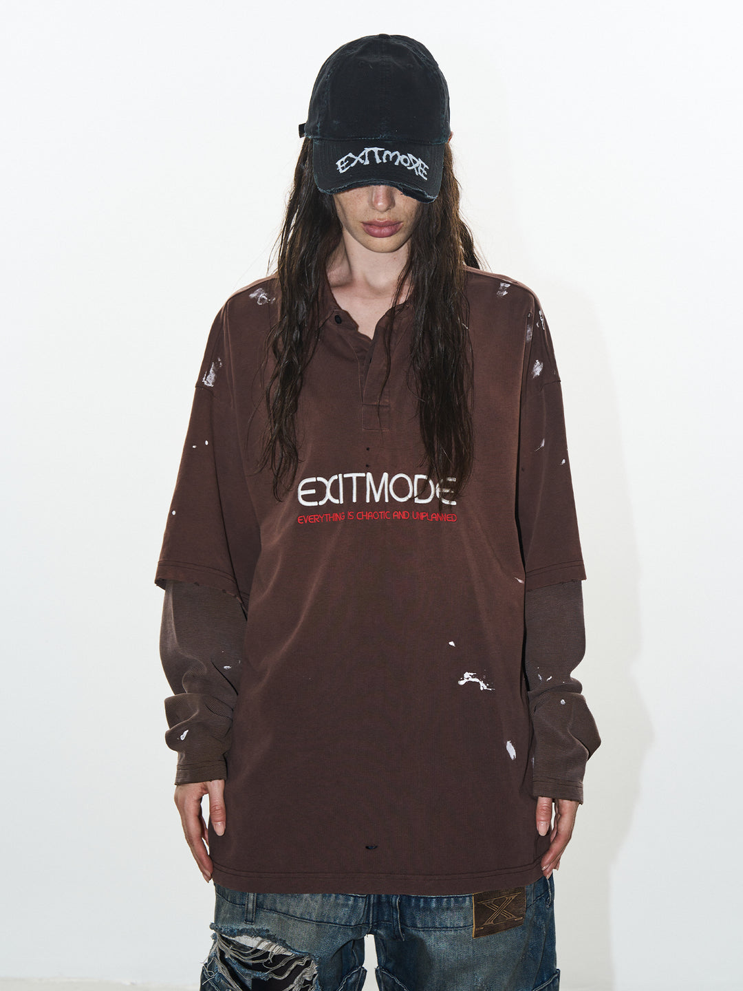 BLIND NO PLAN Ink Splash Double-Layer Washed Long-Sleeve Polo | Face 3 Face