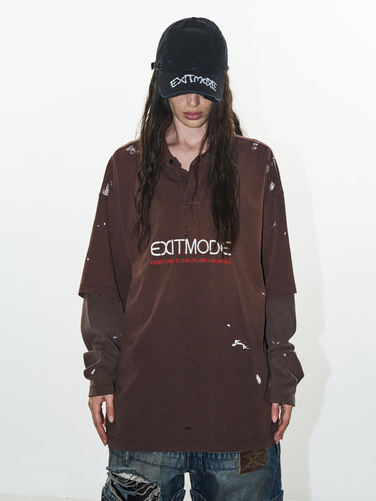 BLIND NO PLAN Ink Splash Double-Layer Washed Long-Sleeve Polo | Face 3 Face