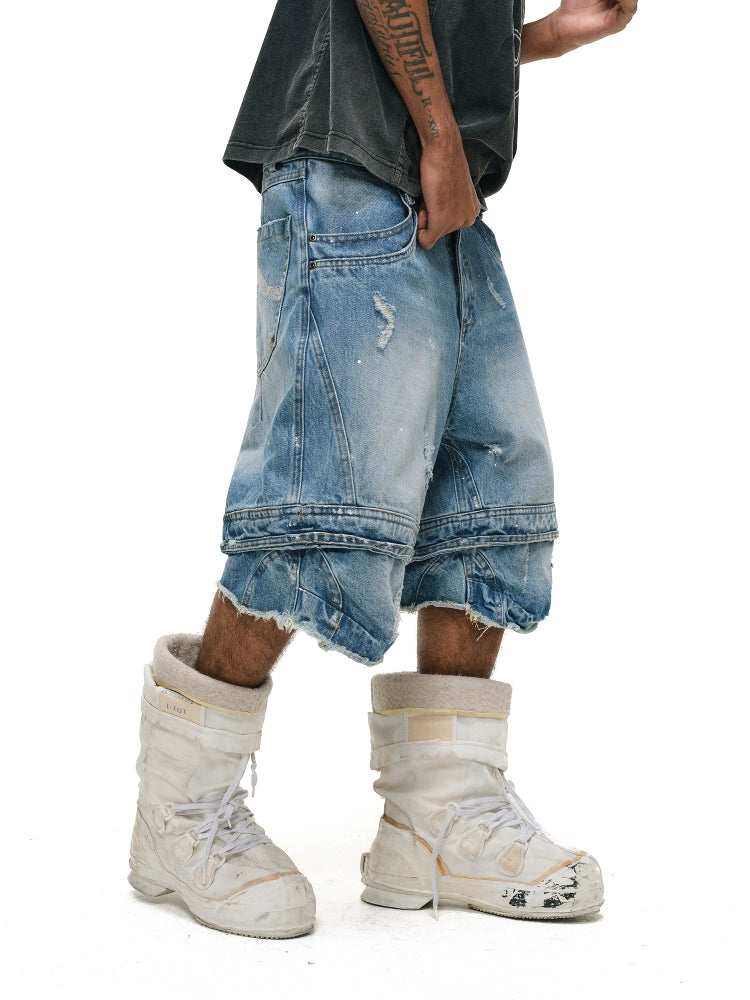ANTIDOTE Destroyed Double-Layer Washed Denim Shorts | Face 3 Face