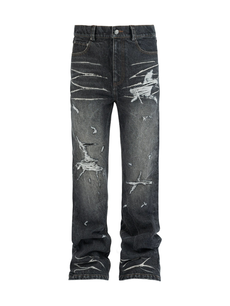 ANTIDOTE Irregular Torn Hole Washed Flared Jeans | Face 3 Face