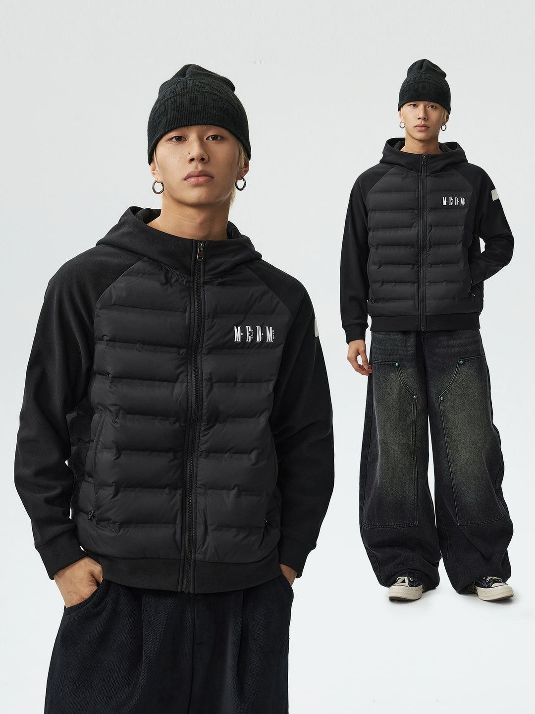 MEDM Patchwork Raglan Sleeve Lightweight Hooded Down Jacket | Face 3 Face