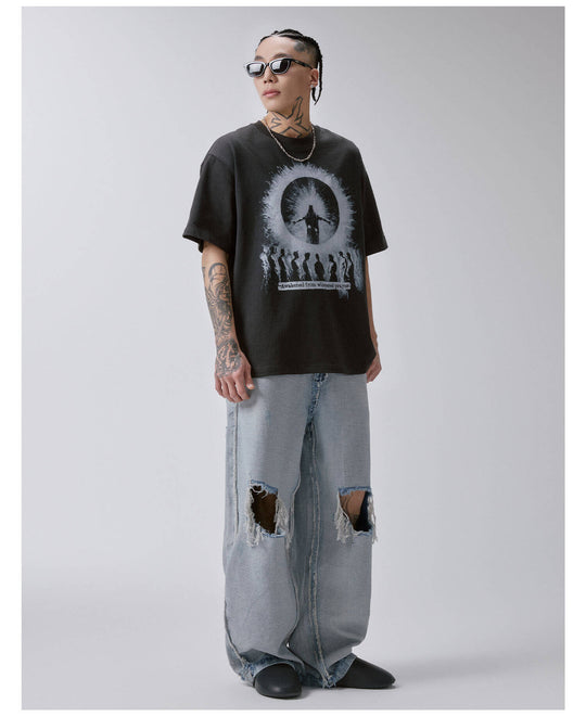 F2CE Praying Figure Silhouette Print Washed Distressed Short Sleeve Tee | Face 3 Face