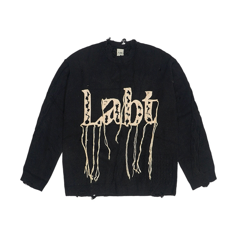 Labt Fringe Lanyard Logo Distressed Knit Sweater | Face 3 Face