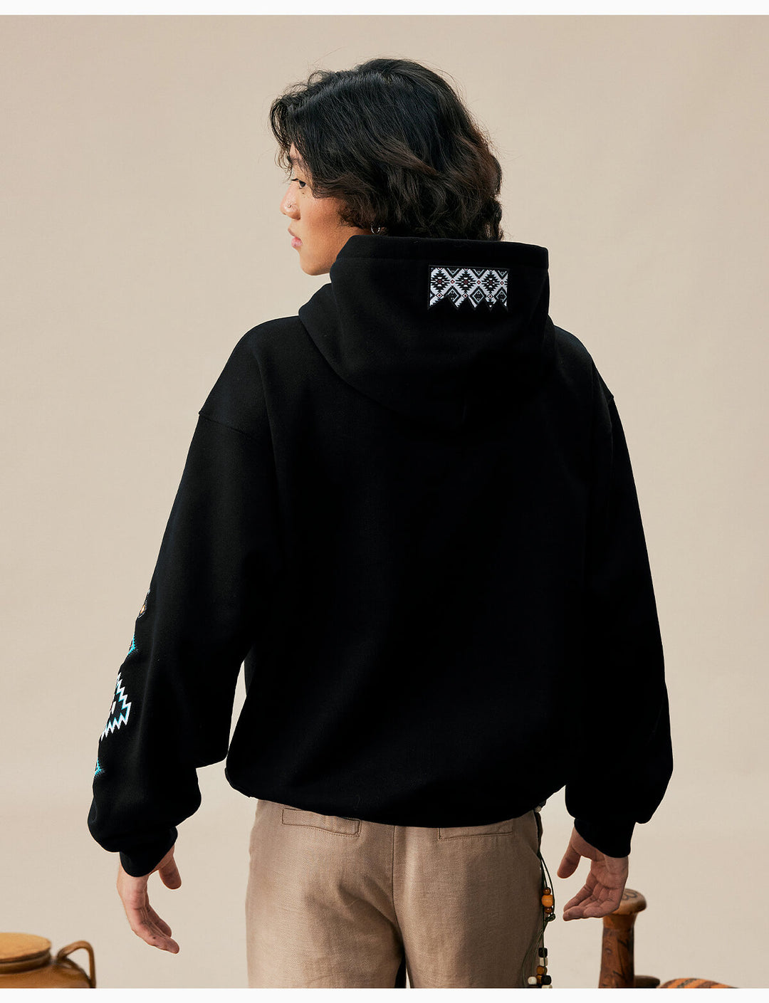 MEDM Ethnic Embroidered Patch Pearl Oversized Hoodie | Face 3 Face