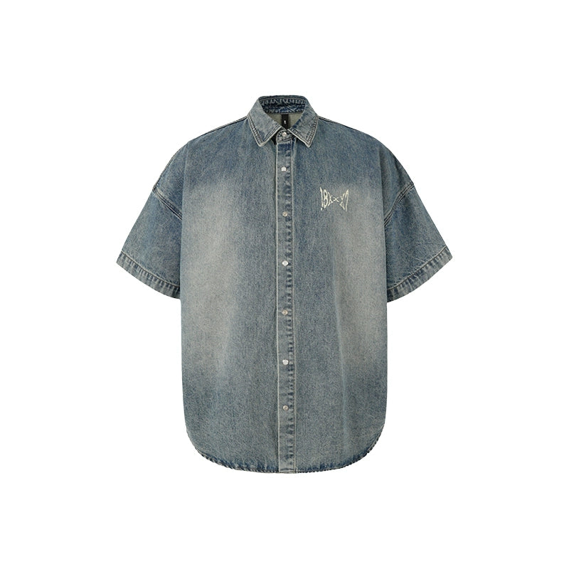 1807 Distressed Logo Washed Denim Short Sleeve Shirt | Face 3 Face