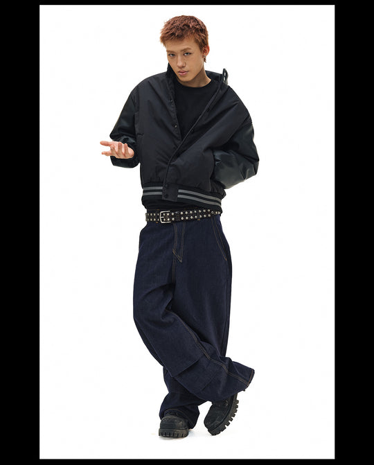 NOVACAM PU Leather Sleeve Puffer Varsity Jacket | Face 3 Face