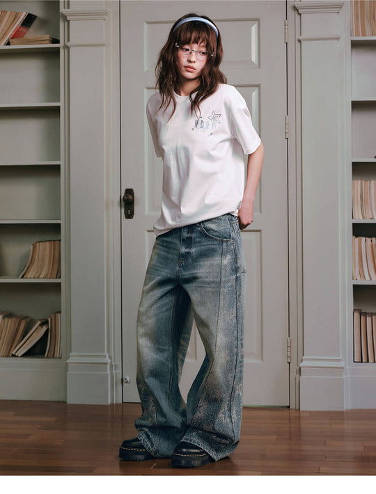 MEDM Rhinestone Star Washed Baggy Jeans | Face 3 Face