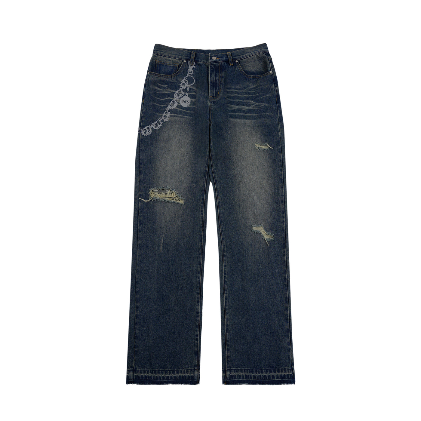 S45 Chain-Link Printed Ripped Hem Washed Jeans | Face 3 Face
