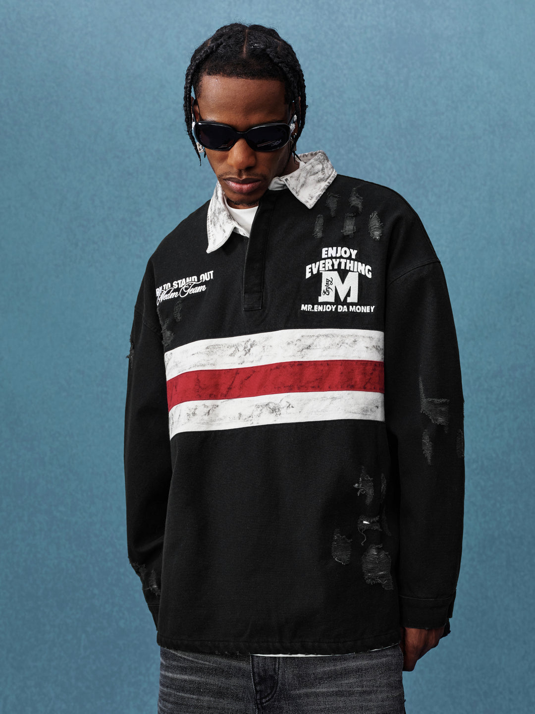 MEDM Asymmetric Collar Stripes Long Sleeve Polo | Face 3 Face