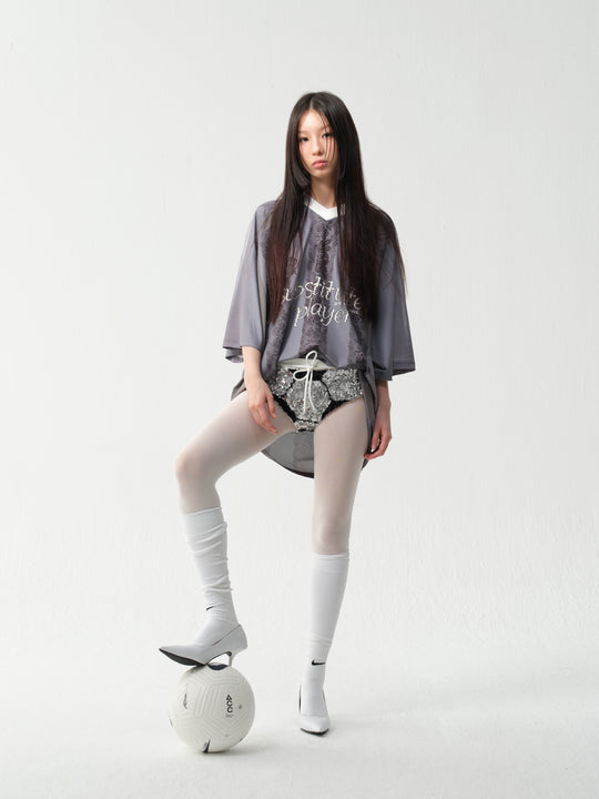 wii wil Oversize Light Gray Striped Lace Pattern Soccer Jersey | Face 3 Face