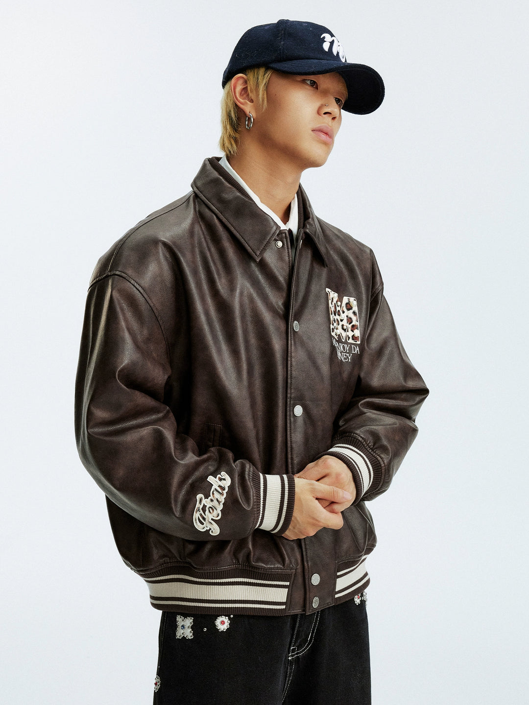 MEDM Leopard Patch Pearl PU Leather Varsity Jacket | Face 3 Face