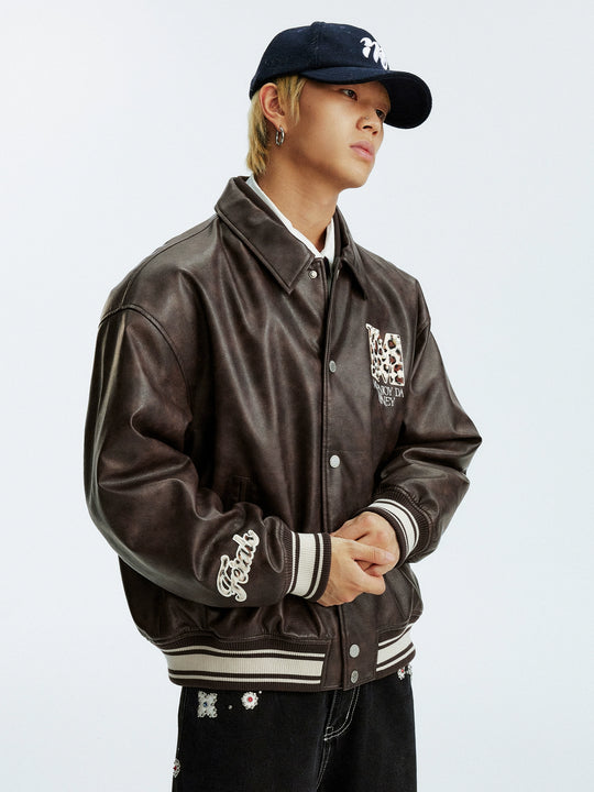 MEDM Leopard Patch Pearl PU Leather Varsity Jacket | Face 3 Face