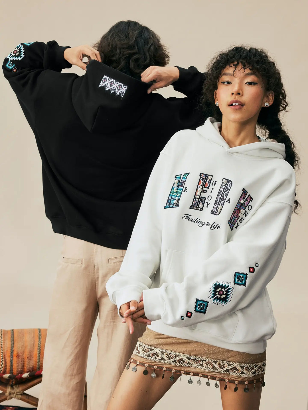 MEDM Ethnic Embroidered Patch Pearl Oversized Hoodie | Face 3 Face