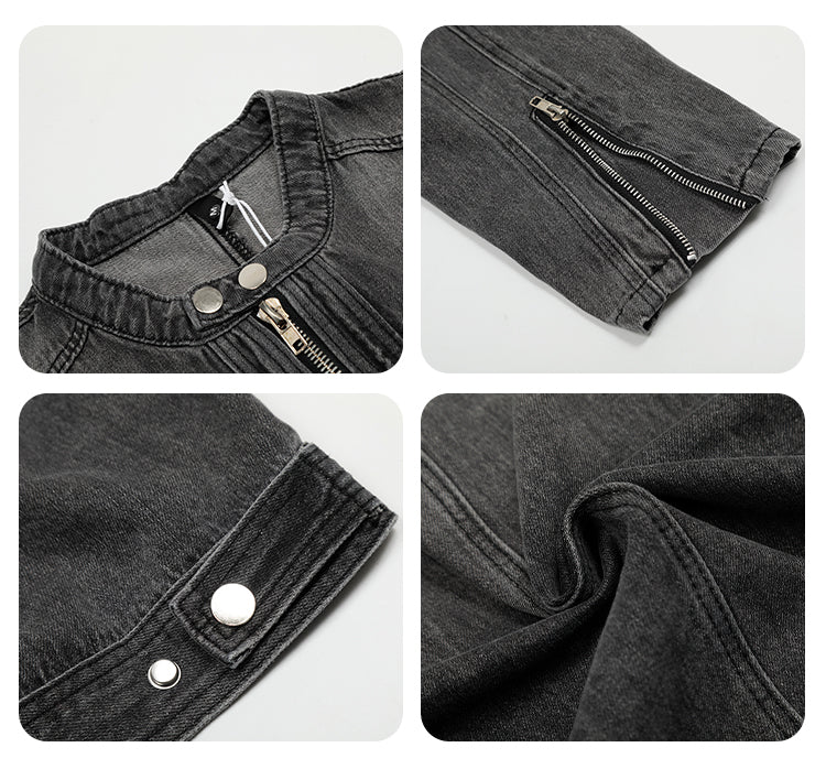 F3F Select Double Rivet Button Washed Denim Motorcycle Jacket | Face 3 Face