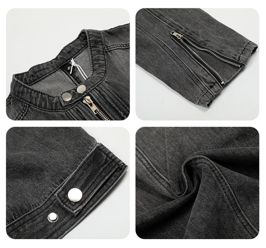 F3F Select Double Rivet Button Washed Denim Motorcycle Jacket | Face 3 Face