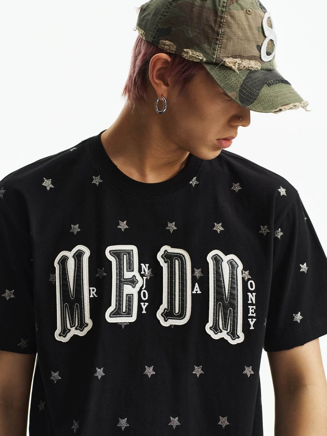 MEDM All Over Glitter Star Print Logo Patch Short Sleeve Tee | Face 3 Face