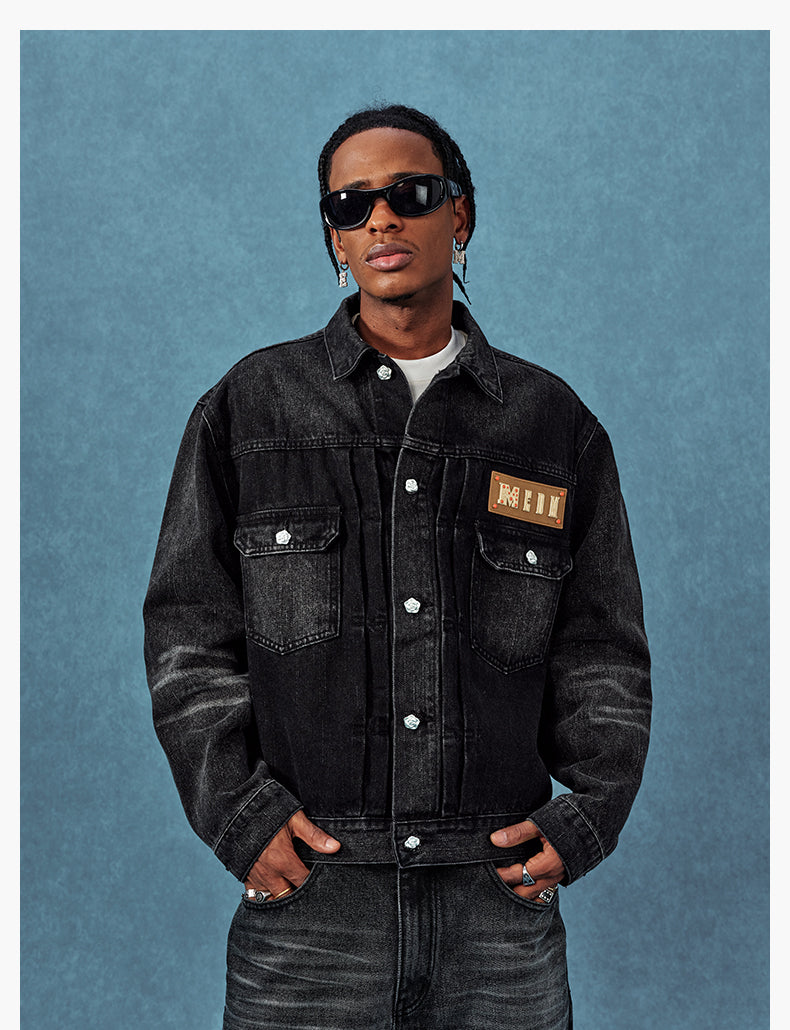MEDM Leather Logo Washed 2nd-Type Denim Jacket | Face 3 Face