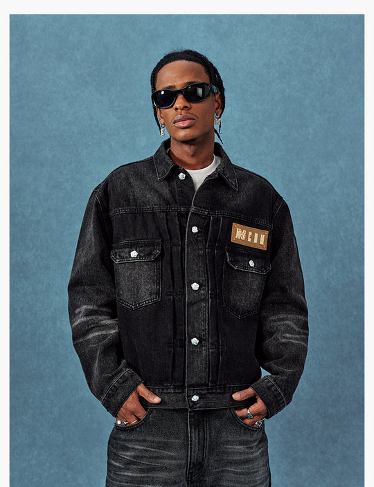 MEDM Leather Logo Washed 2nd-Type Denim Jacket | Face 3 Face