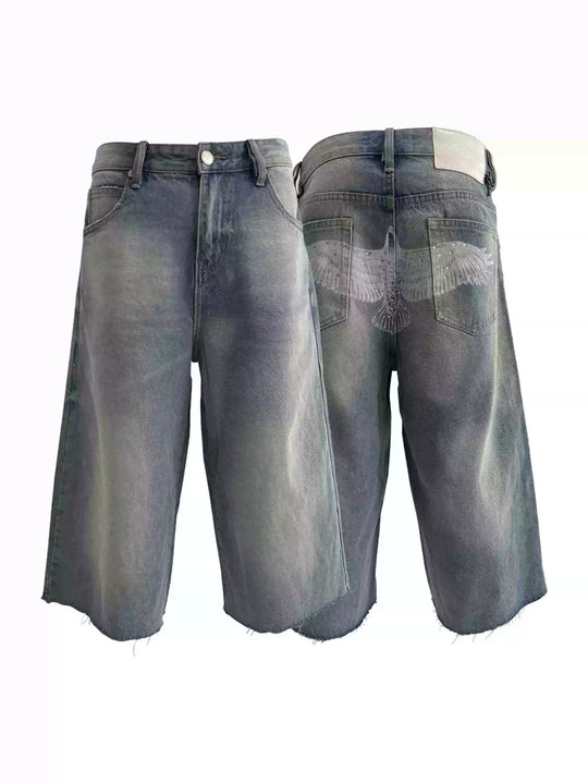 KARMANISTIC Eagle Print Washed Denim Jorts | Face 3 Face