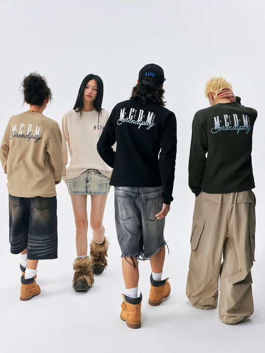 MEDM Logo Embroidered Print Waffle Long Sleeve Tee | Face 3 Face