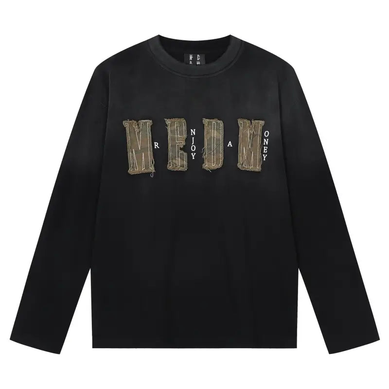 MEDM Frayed Logo Patch Washed Distressed Long Sleeve Tee | Face 3 Face