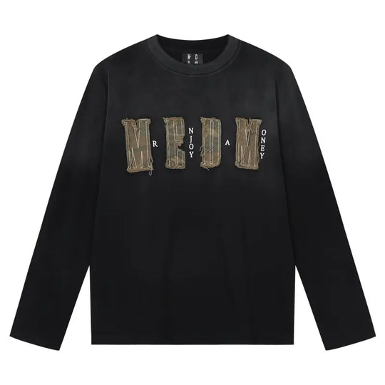 MEDM Frayed Logo Patch Washed Distressed Long Sleeve Tee | Face 3 Face