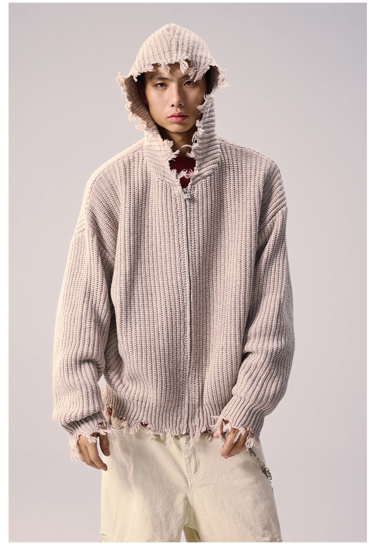 Remedy Distressed Hooded Zipper Knit Cardigan | Face 3 Face