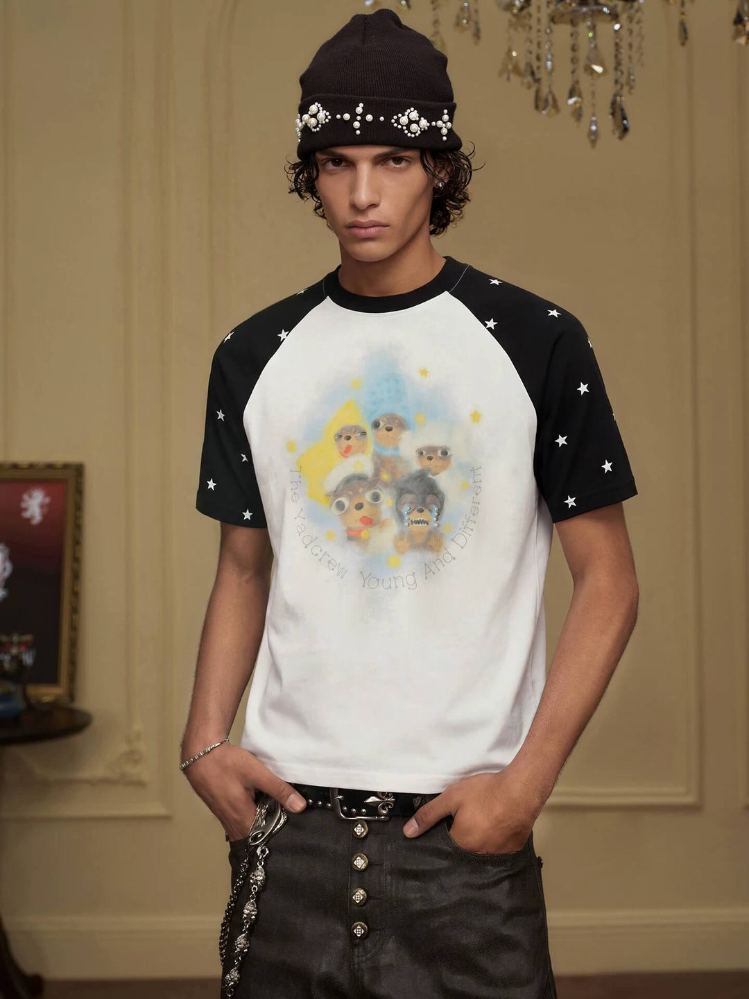 YADcrew Cartoon Dog Print Star Raglan Color Block Tee | Face 3 Face