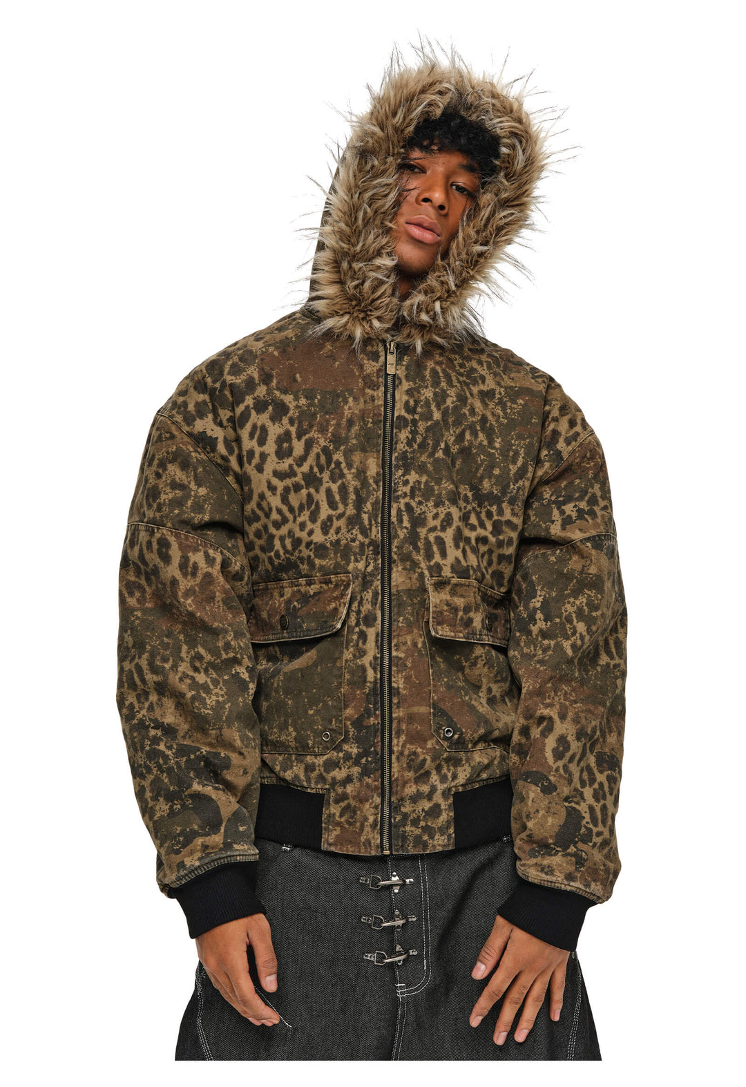 ANTIDOTE Washed Leopard Fur Hooded Work Jacket | Face 3 Face